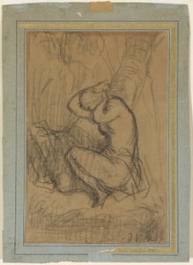 Ung kvinne fester det lange håret sitt etter badet av Jean Francois Millet