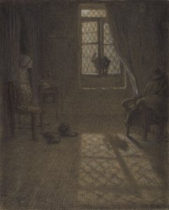 Le chat eller The Cat at the Window, 1857-58 (conté fargestift og pastell med stumping og blanding, festet på vevd papir) av Jean Francois Millet