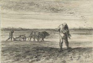 Mann som pløyer og en annen såing, 1849-1852 av Jean Francois Millet