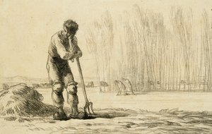 Bonde lener seg på en høygaffel, av Jean Francois Millet