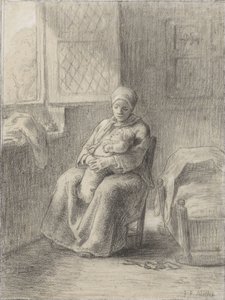 Sittende kvinne med en baby ved et vindu, ca. 1824-75 (kritt på papir) av Jean Francois Millet