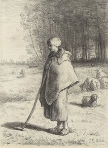 Gjeterinne, 1860-69 (kritt på papir) av Jean Francois Millet