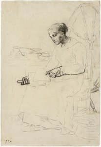 The Wool Carder (recto); Fragmentær skisse av mannen som står ved gjerdet (verso) av Jean Francois Millet