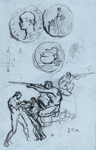 Tre studier for antikke mynter, jegere og en mann med en løve av Jean Francois Millet