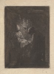 Two Women Sewing by Lamplight, ca. 1853. av Jean Francois Millet