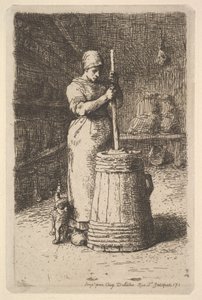 Kvinne som kjerner smør, 1855-56. av Jean Francois Millet