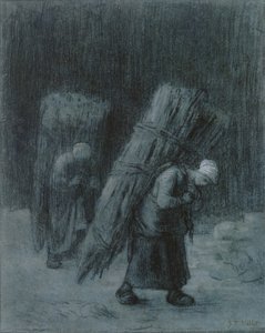 Kvinner som bærer kvister, ca. 1858 (kull forsterket med hvit gouache, kullkant, på tungt lagt gråblått papir) av Jean Francois Millet