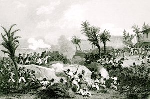 Svart opprør i Santo Domingo, 16. september 1802, fra "Histoire Universelle du XIXe siecle", etter Martinet av Jean Francois Pourvoyeur