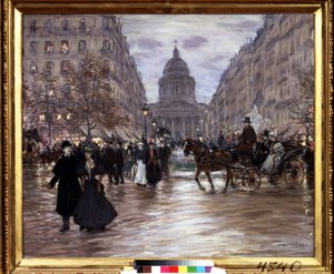 ""Boulevard Saint Michel"" Utsikt over Rue Soufflot og Pantheon fra Luxembourghagen og Boulevard Saint-Michel i Paris, drosjer og elegante par liver opp gaten om kvelden. Maleri av Jean Francois Raffaelli (18 av Jean Francois Raffaelli