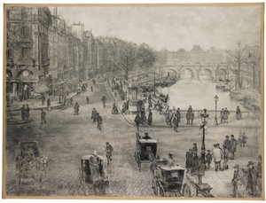 Paris, Place de Saint Michel med Quai des Grands Augustins og Pont Saint Michel i forgrunnen og Pont Neuf og Louvre i bakgrunnen, ca. 1900 av Jean Francois Raffaelli