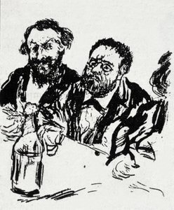 Maleren Edouard Manet (1832-1883) og forfatteren Emile Zola (1840-1902) ved bordet Karikatur av Jean Francois Raffaelli (1850-1924) av Jean Francois Raffaelli