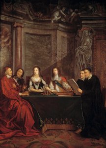 Samvittighetsrådet: Saint Vincent de Paul, leder av samvittighetsrådet som leser foran kardinal Jules Mazarin (Giulio Raimondo Mazzarino eller Mazarino) (1602-1661), Pierre Seguier (1588-1672), dronning Anne av Østerrike (1601-1666) ) og Ludvig XIV (1638 av Jean François de Troy