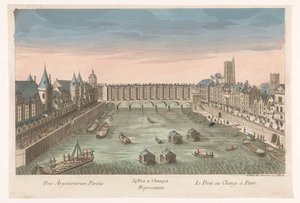 Utsikt over den bebygde Pont au Change over elven Seinen i Paris 84e. Vue d'optique-representant le Pont au Change i Paris (tittel på objekt) av Jean François Daumont