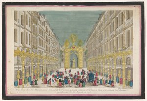 Utsikt over utsmykningen av Rue de la Feronnerie i Paris i anledning restaureringen av Louis XV, kongen av Frankrike, i 1745 Vue perspective des illuminations de la Ruë de la Feronnerie du côté de la Ruë St. Denis a Paris (...) (tittel på o