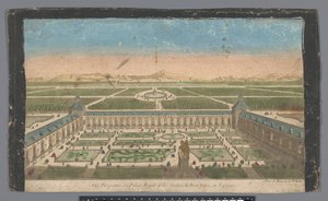 Utsikt over hagen og Palacio del Buen Retiro i Madrid Vüe ​​​​perspective du Palais Royal et des Jardins du Buen Retiro, en Espagne (tittel på objekt) av Jean François Daumont