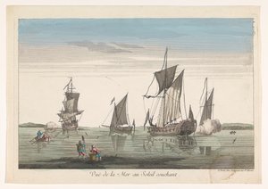 Havlandskap med skip og båter ved solnedgang Vue de la mer au soleil couchant (tittel på objekt) av Jean François Daumont
