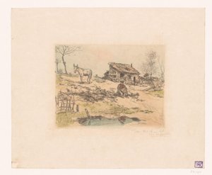 Landskap med mann og esel ved hytta La cabane du chiffonnier av Jean François Raffaëlli (signed by artist)