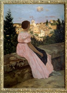 Rosa kjole eller utsikt over Castelnau le Lez (eller Castelnau-le-Lez, Herault). Portrett av kunstnerens niese, Therese des Hours. Maleri av Jean Frederic Bazille (1841-1870) 1864 Søn. 1,4x1,1 m. Olje på lerret. Paris, musee d