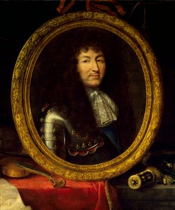 Portrett av Ludvig XIV, konge av Frankrike (1638-1715), beskytter av kunst og vitenskap Portrettet av kongen er omgitt av musikkinstrumenter (viola de gamba, fiolingitar) og vitenskapelige instrumenter (firkant, himmelglob, kompas). Detalj. Maler av av Jean Garnier