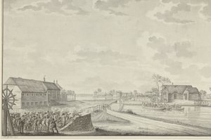 Angrep av prøysserne under oberst Van Brush på Duivendrecht-broen, 1. oktober 1787 av Jean George Teissier (signed by artist)