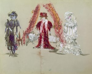 Scenedesign med figurer til premieren av Jean Giraudox