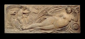 Nymfe og lille ånd rir på en marinehest; Nymfe og Triton omgitt av to små genier. Lav lindring. Steinskulptur av Jean Goujon (1510-1567)