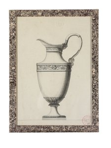 Design for en ewer med et gresk maskehåndtak (svart bly, penn og svart blekk, grå og svart vask på papir)
