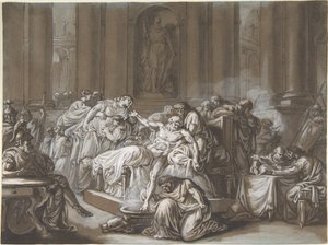 The Death of Seneca (penn og svart blekk, pensel og brun vask, forsterket med hvit gouache på blått papir)