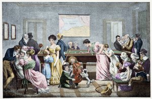 Et biljardrom på 1800-tallet: basert på en litografi av Marlet. av Jean Henri (after) Marlet