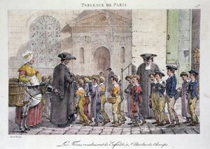 Tidligere gatehandel i Paris: brødrene kjører barna til Saint Nicolas des Champs (Saint-Nicolas-des-Champs), katolsk skole - gravering av Jean Henry Marlet (1771-1847) i "" Les Tableaux de Paris"", serie av 72 trykk, slutten av 1800-tallet