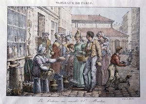 Gammel handel i gatene i Paris: Melkejenta på Saint Martin-markedet (Saint-Martin) - Gravering av Jean Henry Marlet (1771-1847) i "" Les Tableaux de Paris"", serie med 72 trykk, slutten av det 19. århundre