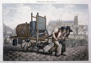 Tidligere gatemetier i Paris: bad hjemme (to menn trekker en vogn med en tønne fylt med vann). Gravering av Jean Henry Marlet (1771-1847) i "" Les Tableaux de Paris"", serie med 72 trykk, sent på 1800-tallet.