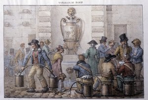 Tidligere gatemetier i Paris: vannbærer foran en fontene. Gravering av Jean Henry Marlet (1771-1847) i "" Les Tableaux de Paris"", serie med 72 trykk, sent på 1800-tallet. av Jean Henri Marlet