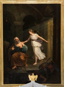 Sognekirke (Nederbrakel, Sognekirke Sint-Pieter-in-de-Banden). Interiør. maleri. "Sankt Peter levert av engelen og Thomas". Jean-Henri DeCoene. Omtrent 1835. av Jean Henri de Coene