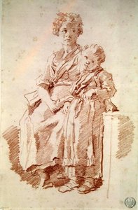 En ung jente med søsteren sin, 1774 (rødt kritt på papir) av Jean Honore Fragonard
