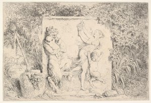 Et basrelieff som viser en satyr til venstre som holder to spedbarn, en annen barnesatyr til høyre..., 1763. av Jean Honore Fragonard