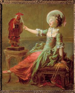 En ung jente har det gøy med en kinesisk statue som drar i håret hennes. Maleri av Jean Honore Fragonard (1732-1806) Privat samling fra 1700-tallet
