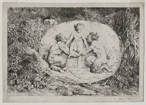 Bacchanales: Nymfe støttet av to satyrer av Jean Honore Fragonard