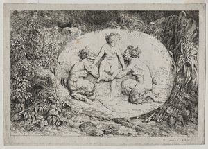 Bacchanales: Nymph Supported by Two Satyrs, 1763. av Jean Honore Fragonard