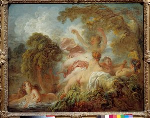 Badende Gruppe av nakne unge kvinner som bader. Maleri av Jean Honore Fragonard (1732-1806) Søn fra 1700-tallet. 0,64x0,8 m av Jean Honore Fragonard
