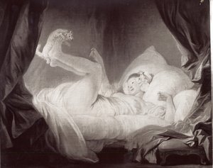 La Gimblette eller ung jente som får hunden til å danse på sengen hennes (olje på lerret) (s/hvitt-bilde) av Jean Honore Fragonard