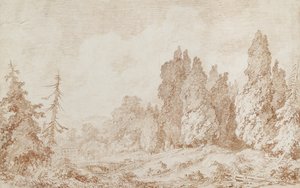 Landskap med en bro, ca. 1760 (rødt kritt på off-white papir) av Jean Honore Fragonard
