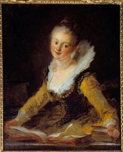 Studere. En kvinne har kontoret sitt og blar i bøker for å lære. Maleri av Jean Honore Fragonard (1732-1806) av Jean Honore Fragonard