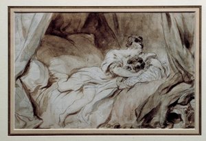 Det lykkelige øyeblikket Et par som stryker hverandre i en seng. Tegning i Bistre Wash av Jean Honore Fragonard (1732-1806) Privatsamling fra 1700-tallet av Jean Honore Fragonard