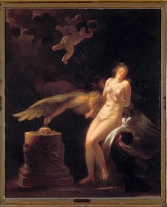 Rosens offer En naken ung kvinne foran et offeralter hvor det er lagt en rose (hennes jomfru?) og en skapning ailee. Maleri av Jean Honore Fragonard (1732-1806). Privat samling fra 1700-tallet av Jean Honore Fragonard