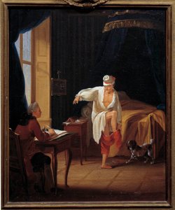 Forfatteren og filosofen Voltaire (1694-1778) har sin oppgang dikterer til sin sekretær Collini et Ferney-maleri av Jean Huber (1721-1786) 1700-tallet Sun. 0,37 x 0,31 m Paris Musee Carnavalet