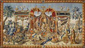Publikum til den kinesiske keiseren. Tapetet av Jean II Barraband (aktivt på 1700-tallet), silkeull og gull- og sølvtråd, ca. 1715. Fransk kunst av Jean II Barraband
