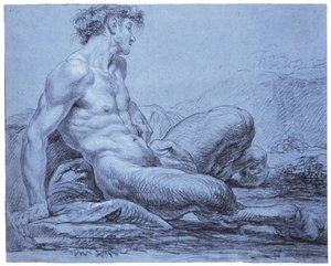 En sittende faun, ca. 1755-57 (svart-hvitt kritt på blått papir) av Jean II Restout