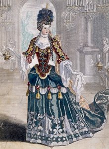 Portrett av Mademoiselle Desmatins (1682-1708), musiker ved Opera, gravering av Jean Berain