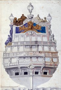 Dekor av akterenden til skipet Le Soleil Royal”” Akvarell av Jean I Berain (1640-1711) Søn. 0,6x0,4 m Paris, Musée du Louvre
